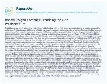 Essay on Ronald Reagan’s America: Examining the 40th President’s Era