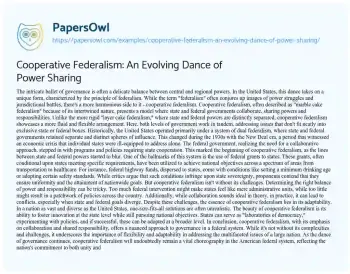 Essay on Cooperative Federalism: an Evolving Dance of Power Sharing