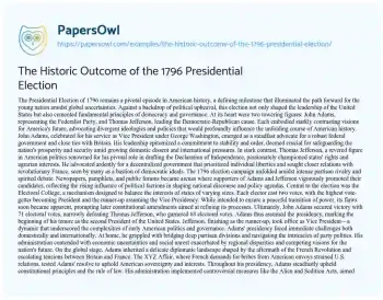 Essay on The Historic Outcome of the 1796 Presidential Election