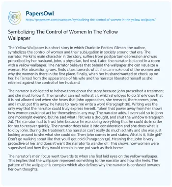 Essay on Symbolizing the Control of Women in the Yellow Wallpaper