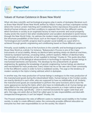 Essay on Values of Human Existence in Brave New World