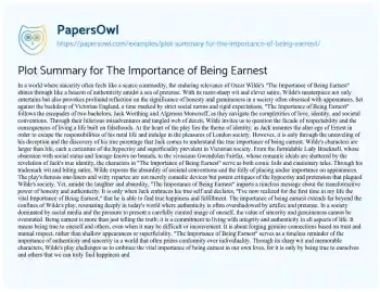 Essay on Plot Summary for the Importance of being Earnest