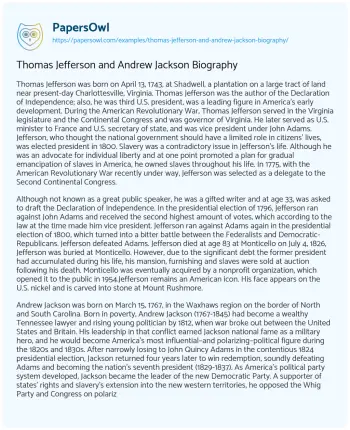 Essay on Thomas Jefferson and Andrew Jackson Biography