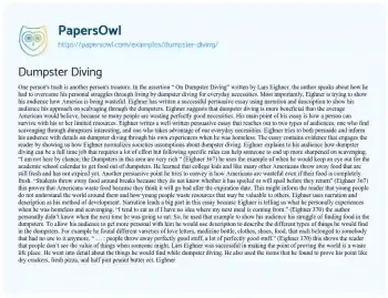 Essay on Dumpster Diving