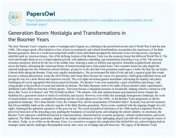 Essay on Generation Boom: Nostalgia and Transformations in the Boomer Years