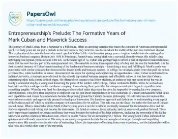 Essay on Entrepreneurship’s Prelude: the Formative Years of Mark Cuban and Maverick Success