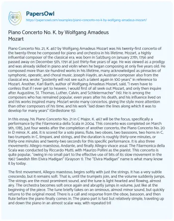 Essay on Piano Concerto No. K. by Wolfgang Amadeus Mozart