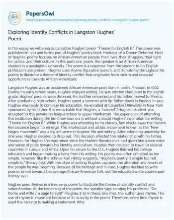 Essay on Exploring Identity Conflicts in Langston Hughes’ Poem