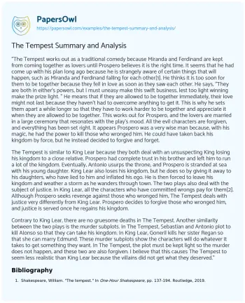 Essay on The Tempest Summary and Analysis