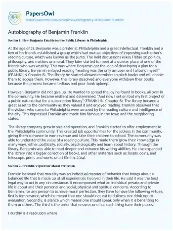 Essay on Autobiography of Benjamin Franklin