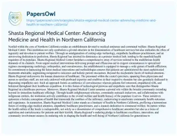 Essay on Shasta Regional Medical Center: Advancing Medicine and Health in Northern California