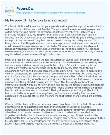 Essay on My Purpose of the Service Learning Project