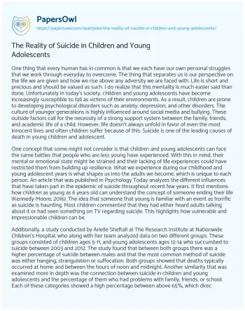 Essay on The Reality of Suicide in Children and Young Adolescents