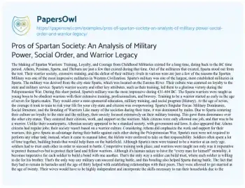 Essay on Pros of Spartan Society: an Analysis of Military Power, Social Order, and Warrior Legacy