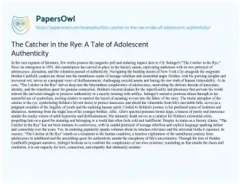 Essay on The Catcher in the Rye: a Tale of Adolescent Authenticity