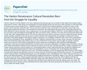 Essay on The Harlem Renaissance: Cultural Revolution Born from the Struggle for Equality