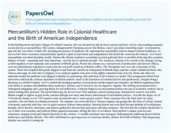 Essay on Mercantilism’s Hidden Role in Colonial Healthcare and the Birth of American Independence