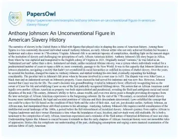 Essay on Anthony Johnson: an Unconventional Figure in American Slavery History