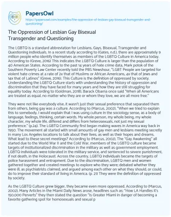 Essay on The Oppression of Lesbian Gay Bisexual Transgender and Questioning