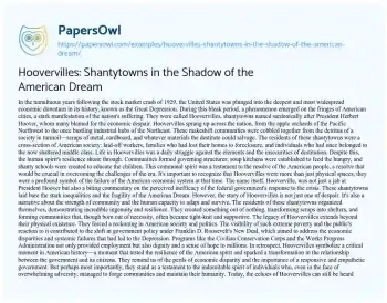 Essay on Hoovervilles: Shantytowns in the Shadow of the American Dream