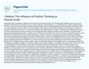 Essay on I Believe: the Influence of Positive Thinking on Mental Health