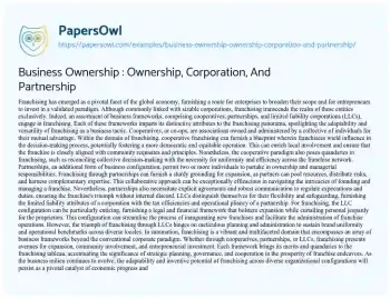 Essay on Business Ownership : Ownership, Corporation, and Partnership