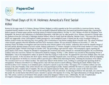 Essay on The Final Days of H. H. Holmes: America’s First Serial Killer