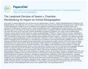 Essay on The Landmark Decision of Swann V. Charlotte-Mecklenburg: its Impact on School Desegregation