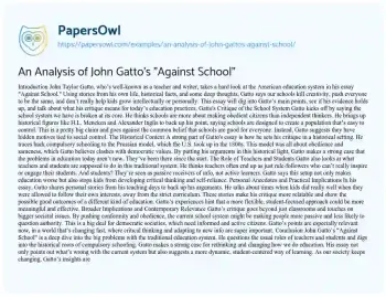 Essay on An Analysis of John Gatto’s “Against School”