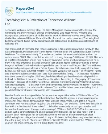 Essay on Tom Wingfield: a Reflection of Tennessee Williams’ Life