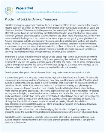 Essay on Problem of Suicides Among Teenagers