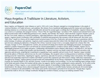 Essay on Maya Angelou: a Trailblazer in Literature, Activism, and Education