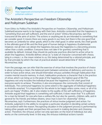 Essay on The Aristotle’s Perspective on Freedom Citizenship and PolityImam Subkhan