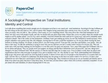 Essay on A Sociological Perspective on Total Institutions: Identity and Control