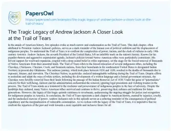 Essay on The Tragic Legacy of Andrew Jackson: a Closer Look at the Trail of Tears