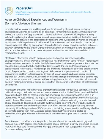 Essay on Adverse Childhood Experiences and Women in Domestic Violence Shelters