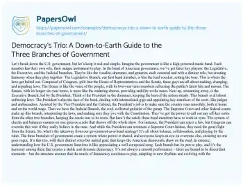 Essay on Democracy’s Trio: a Down-to-Earth Guide to the Three Branches of Government