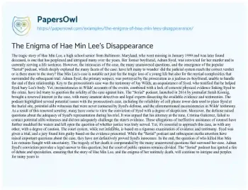 Essay on The Enigma of Hae Min Lee’s Disappearance