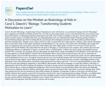 Essay on A Discussion on the Mindset an Brainology of Kids in Carol S. Dweck’s “Biology: Transforming Students Motivation to Learn”