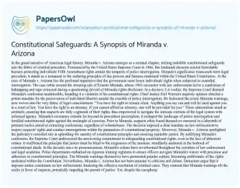 Essay on Constitutional Safeguards: a Synopsis of Miranda V. Arizona