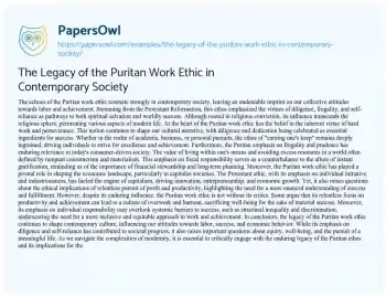 Essay on The Legacy of the Puritan Work Ethic in Contemporary Society