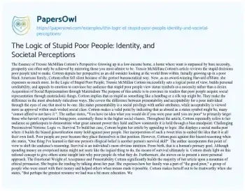 Essay on The Logic of Stupid Poor People: Identity, and Societal Perceptions