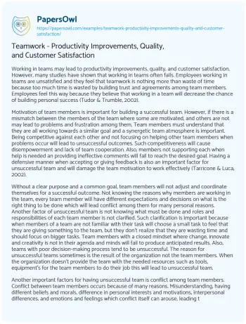 Essay on Teamwork – Productivity Improvements, Quality, and Customer Satisfaction