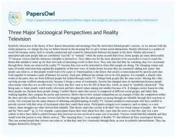 Essay on Three Major Socioogical Perspectives and Reality Television