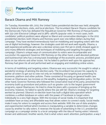 Essay on The 2012 U.S. Presidential Election: Strategies and Outcomes