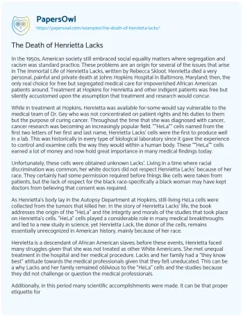 Essay on The Death of Henrietta Lacks