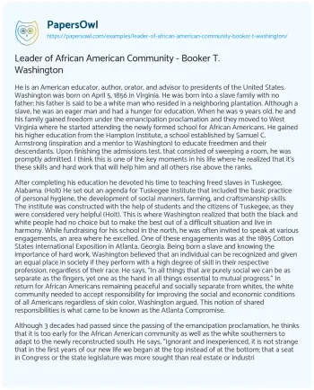 Essay on Leader of African American Community – Booker T. Washington