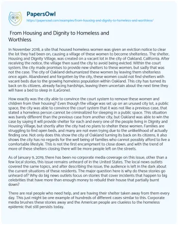 Essay on  From Housing and Dignity to Homeless and Worthless