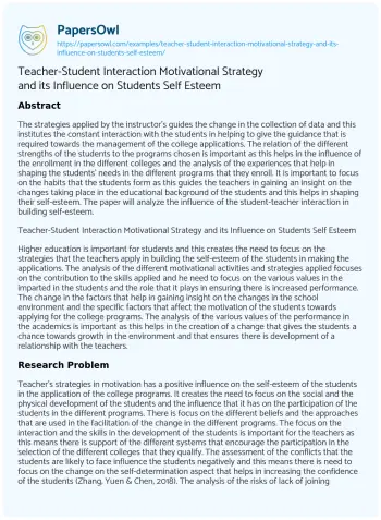 Essay on Teacher-Student Interaction Motivational Strategy and its Influence on Students Self Esteem