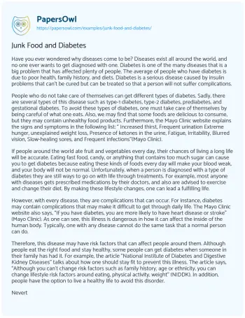 Essay on Junk Food and Diabetes